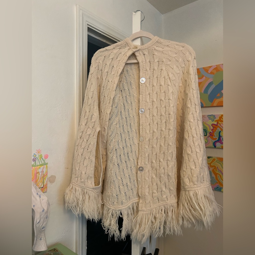 70s Fringe Cable Knit Shall/Poncho w/ Sleeve Holes!